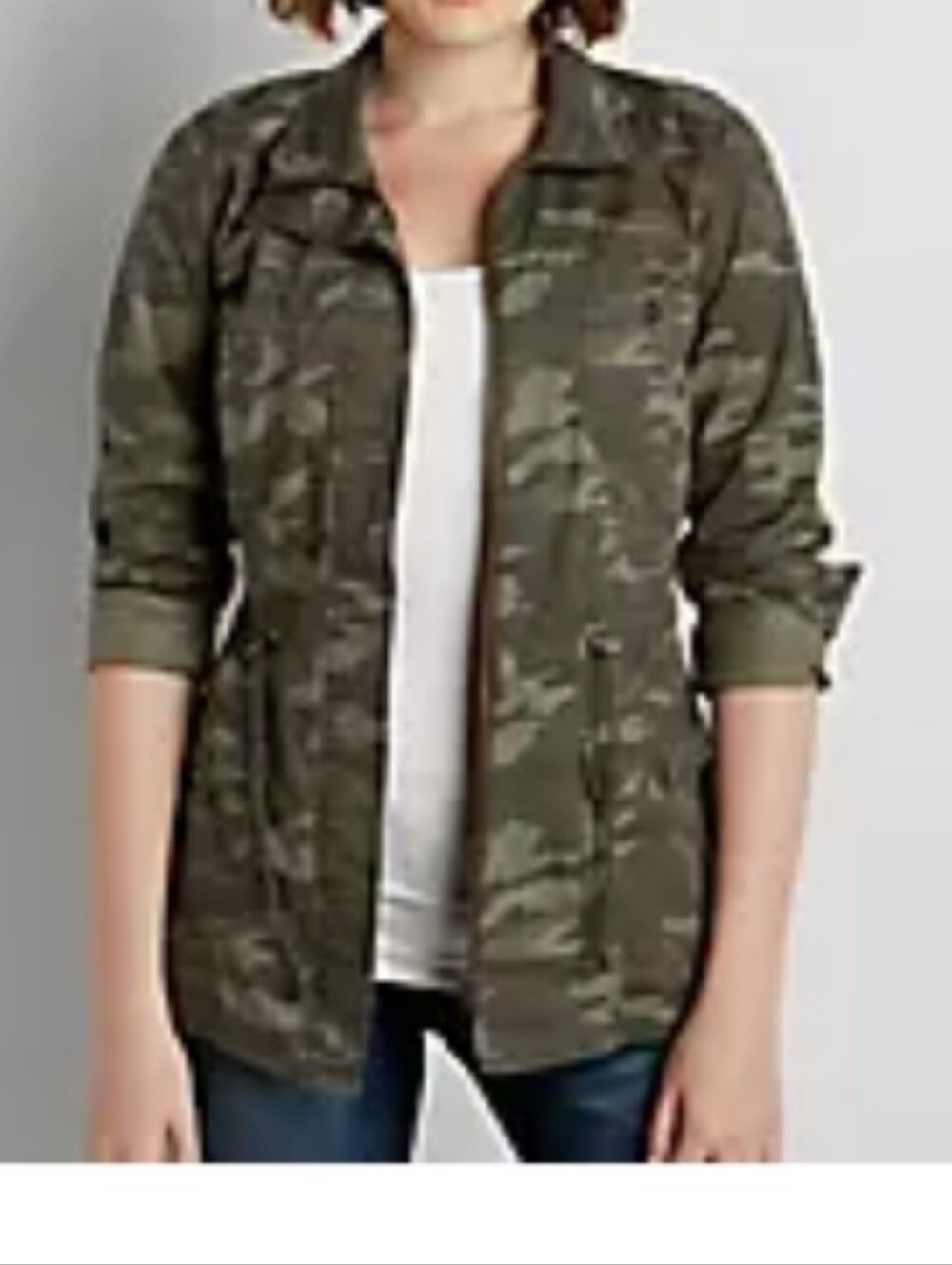 Maurices Camo Anorak Utility Jacket Zip Up Pockets Cinch Tie Waist Olive Green M